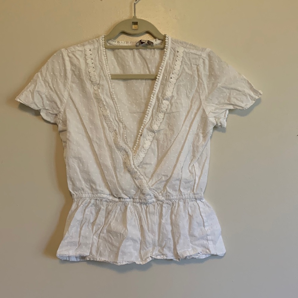 Loft White Wrap Peplum Top Embroider Details
